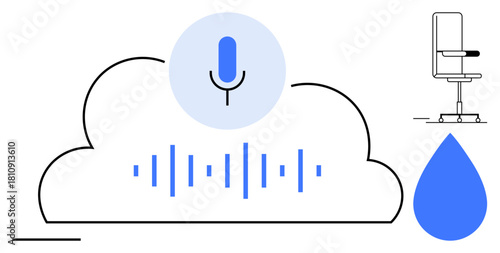 Microphone over a cloud with sound wave graphics, next to a water droplet and chair outline. Ideal for technology, AI, voice assistant, innovation, cloud services, sound processing minimalism. A
