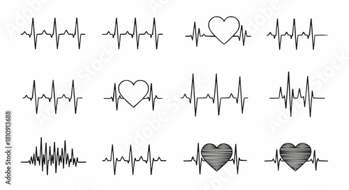Heartbeat Pulse Vector Graphics Set Cardiogram Illustrations, Health Monitoring, EKG Readings, Heart Rate Signals, and Vital Signs in Line Art Design