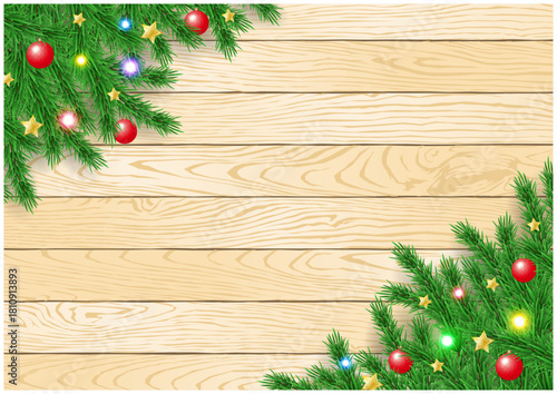 クリスマスのもみの木と木板背景イルミネーション飾りのフレーム