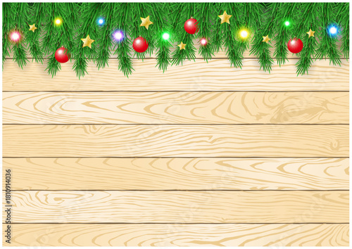 クリスマスのもみの木と木板背景イルミネーション飾りのフレーム