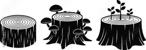 Tree stump vector set with mushrooms and new sprout growth silhouettes