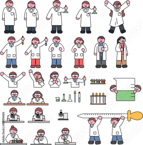 Flat line drawing science laboratory experiment scene with researchers and lab equipment