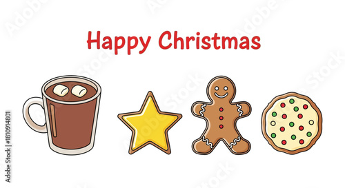 Happy christmas with hot chocolate, star cookie, gingerbread man, and sprinkle cookie