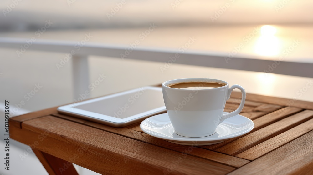Obraz premium Flat lay of tablet, coffee, notebook, and wireless earbuds on a wooden table at a city balcony, in a minimalist workspace layout, soft golden hour, with muted neutral tones, ideal for digital nomad