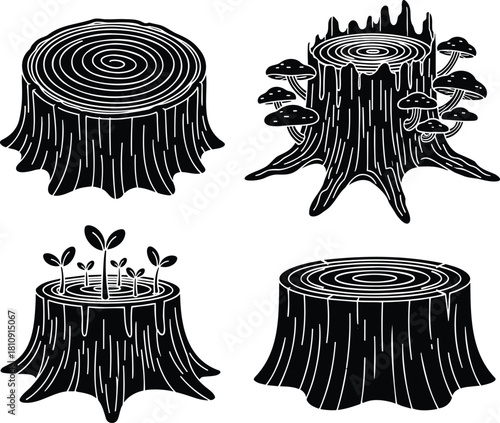 Tree stump silhouettes with mushrooms and new plant growth vector set