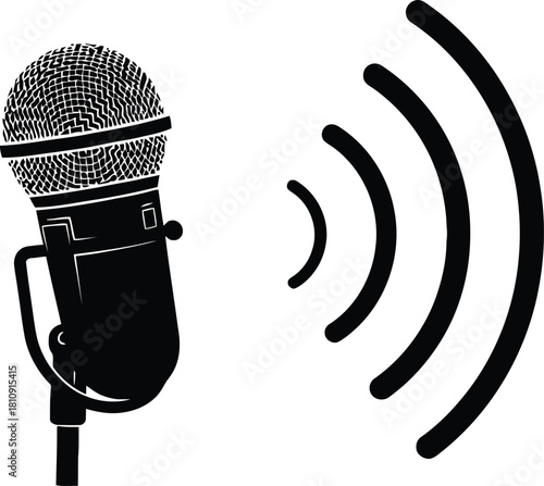 Monochrome illustration of a vintage style microphone broadcasting sound waves, isolated on white background