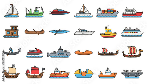 Variety of Boat and Ship Icons - AI-Generated Vector Art