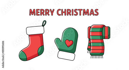 Merry christmas set with stocking, green mitten with heart, and striped scarf