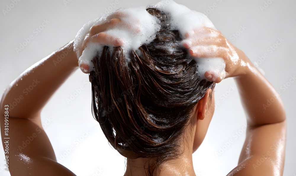 Naklejka premium luxury beauty haircare advertisement, back view of an American woman washing her hair, extremely rich and dense shampoo foam covering wet dark hair
