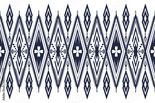 Geometric ethnic border pattern in navy and white, ideal for textile prints, fabric borders, apparel decoration, crafts, and digital design projects.