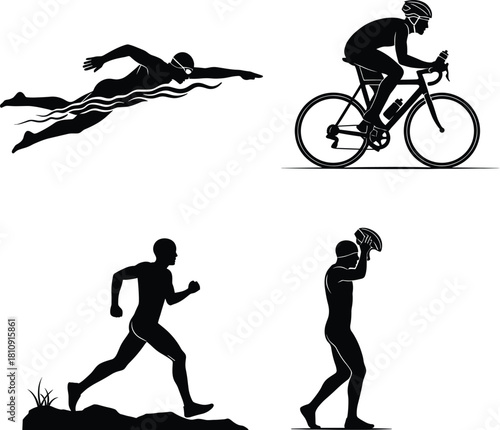 Triathlon athlete silhouettes swimming biking and running vector set