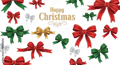 Happy christmas pattern with decorative bow in red, green, and gold