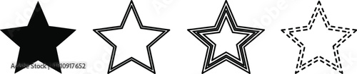 Vector collection of five pointed star icons, rating symbols, black silhouettes, and outlines for web design.