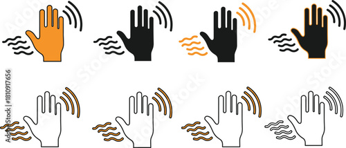 Vector collection of hand dryer icons, touchless sensor symbols, and warm air signs for restroom hygiene.