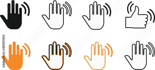 Vector set of waving hand icons, hello gestures, thumbs up signs, and motion sensor symbols.