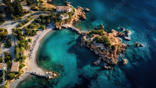 High-angle view of a secluded bay with a sandy beach and lush greenery.