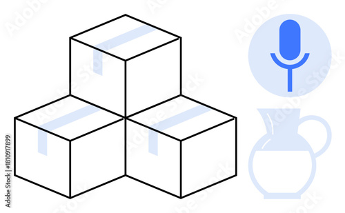 Three stacked shipping boxes, a microphone icon, and a jug outlining themes of logistics, communication, e-commerce, content creation, delivery, storage and household items. Ideal for simple flat