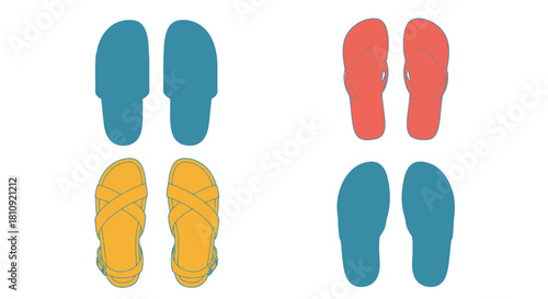 A colorful arrangement of four different types of summer sandals displayed clearly