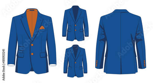 A blue suit jacket design shown from multiple angles in a vector illustration