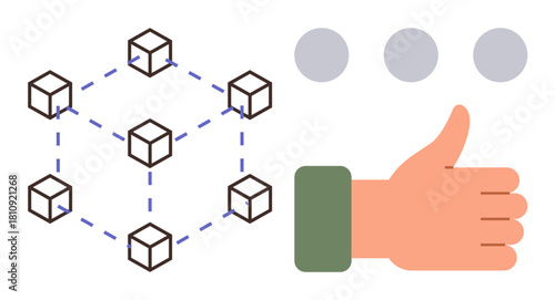 Interconnected blocks forming a network with a thumbs-up gesture, symbolizing trust, transparency, and security. Ideal for blockchain, technology, decentralization, data security, innovation