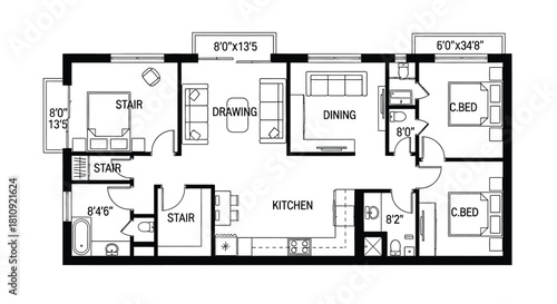 Detailed architectural floor plan showcasing a two bedroom apartment layout with dimensions