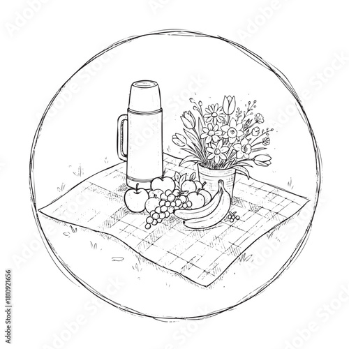 A black and white drawing of a picnic blanket with a thermos, a banana, and a vase of flowers