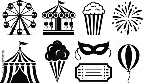 Carnival and Amusement Park Icons Silhouette Collection ferris wheel carousel