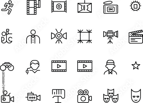 Collection of black outline icons related to film and cinema Keywords: running man, person