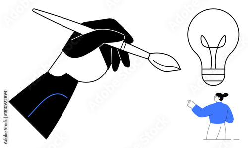 Hand holding brush for artistic creation, light bulb as innovation, woman pointing for teamwork and vision. Ideal for creativity, innovation, brainstorming, teamwork, inspiration, processes simple