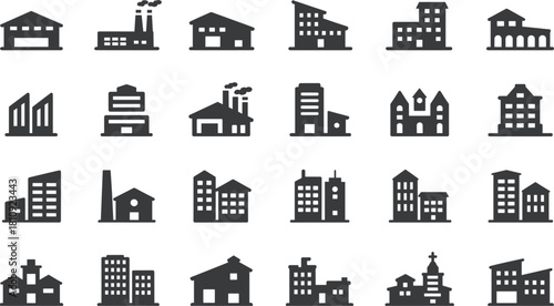 Collection of diverse building and factory silhouette icons architecture