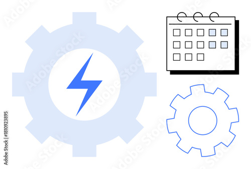 Gear with a lightning bolt, minimalist calendar, and outlined gear representing productivity, workflow optimization, energy, planning, scheduling, task management efficiency. A simple flat metaphor