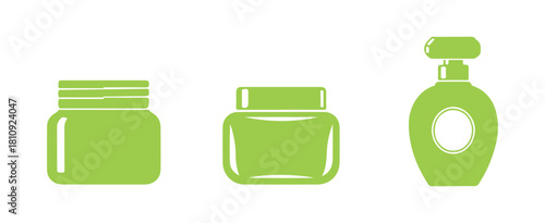 set of light green beauty cosmetic bottle icons on a white background.

