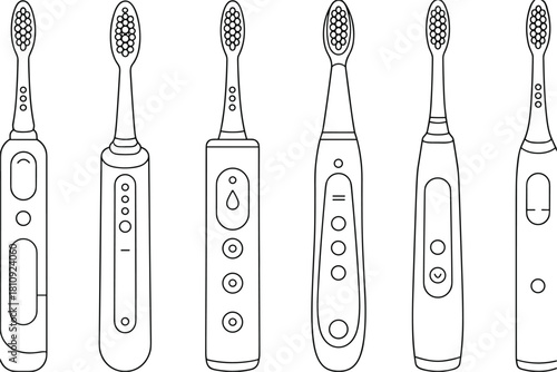 Collection of Six Different Electric Toothbrushes Lined Up dental hygiene oral care