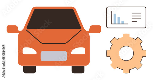 Orange car front, gear icon, bar chart represent auto repair, data analysis, performance, operation, diagnostics, innovation. Ideal for automotive engineering analysis repair technology