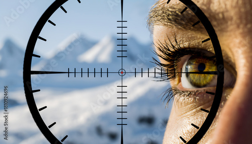 menschliches Auge neben einem Fadenkreuz im Visier vor verschneiter Bergkulisse