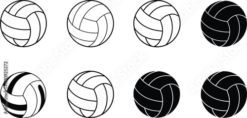 Eight Volleyball Icons in Outline and Silhouette sport game