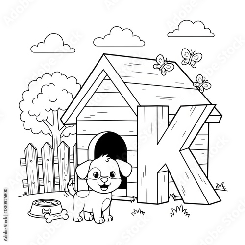 Cute puppy dog alphabet coloring page. Cartoon animal illustration. Happy dog waving next to a wooden Letter K and doghouse with food bowl and bone. Backyard scene activity sheet for kids' learning.