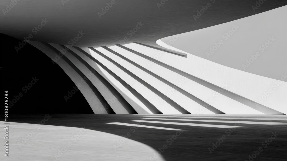 Abstract architectural design featuring curved lines and shadows in a minimalist black and white setting