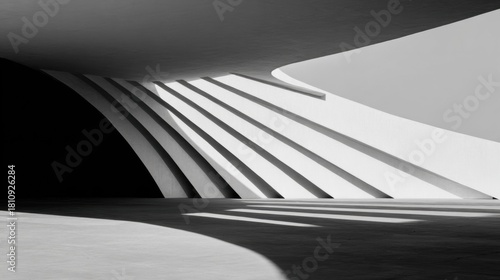 Abstract architectural design featuring curved lines and shadows in a minimalist black and white setting