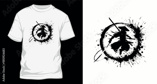 Silhouette of Samurai Warrior with Sword in Grunge Style