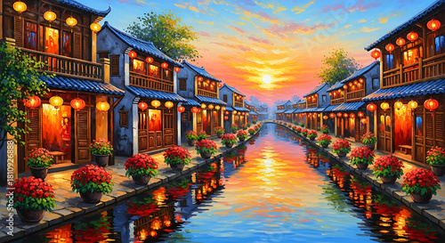 Vibrant painting of a traditional chinese water town at sunset, with lanterns illuminating the canal