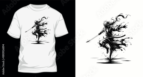 Samurai warrior attacking with sword ink splatter style for t-shirt design