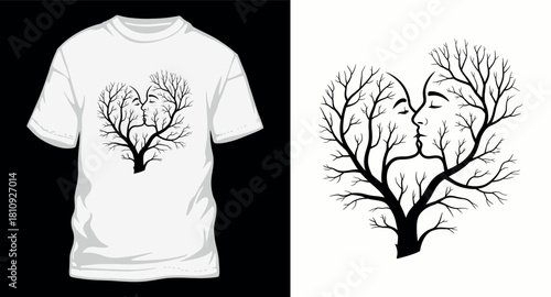 Silhouette of tree with couple faces kissing for apparel design
