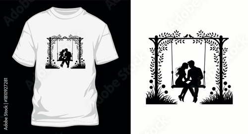 Couple sitting on swing silhouette surrounded by floral frame