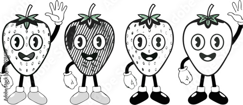 Cheerful strawberry cartoon characters waving hello with vintage style for fun, positive vibes and healthy food themes
