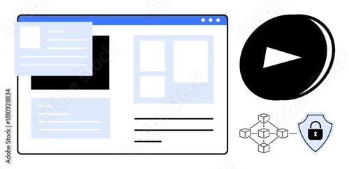 Desktop interface with content blocks, play button, blockchain network, and security shield. Ideal for technology, multimedia, web design, security blockchain innovation learning. Simple flat