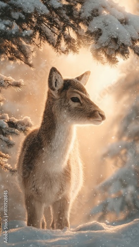 Wallpaper Mural Elegant Fawn Standing in a Winter Forest, Light Snowfall, Serene Torontodigital.ca