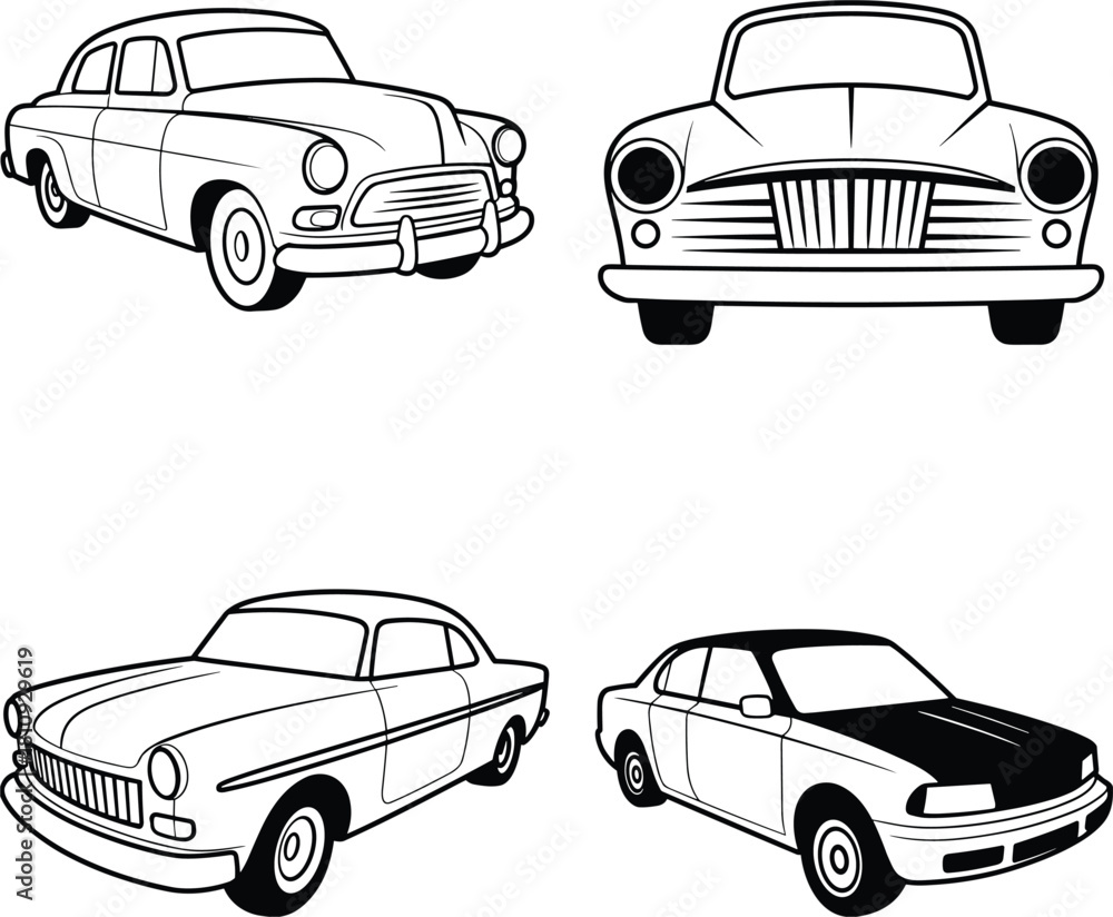 Obraz premium Vintage and Modern Car Silhouettes in Outline Style automobile vehicle