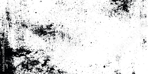 Abstract black ink splatter texture on white background, grunge paint splash overlay, modern chaotic drip pattern vector.