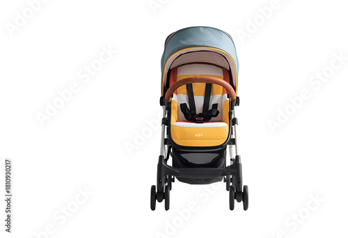 Colorful modern baby stroller shown in clean front view for display.